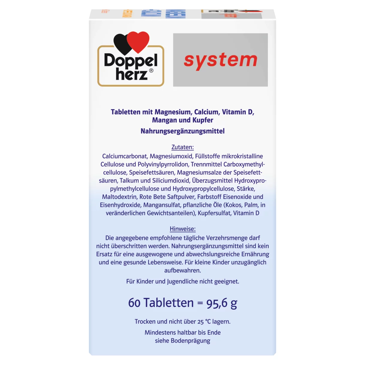 Illustration of the product packaging Doppelherz system  Magnezij + kalcij, bakar i mangan DEPO side view right